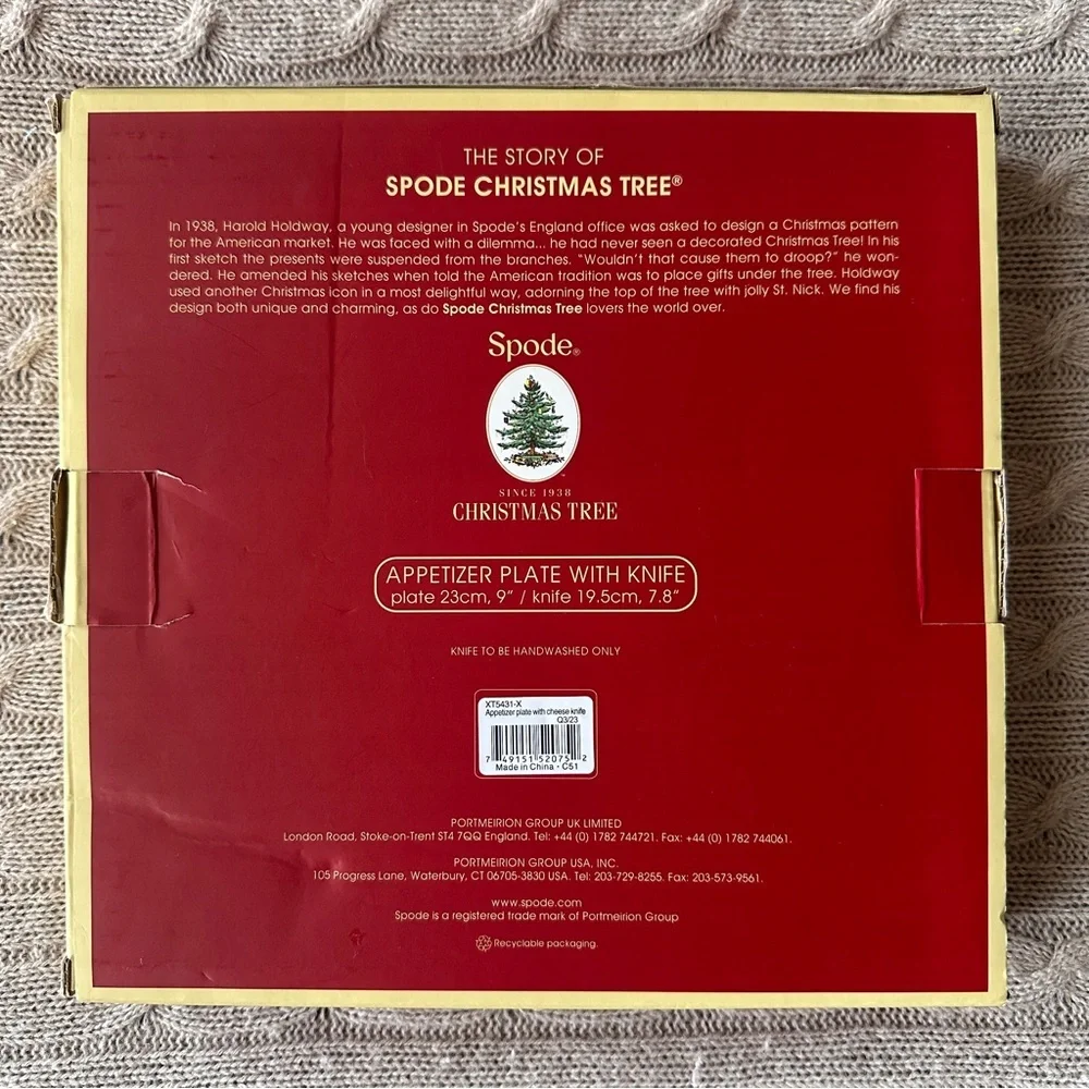 NIB Spode Christmas Tree Appetizer Plate with Knife 9”, Unopened